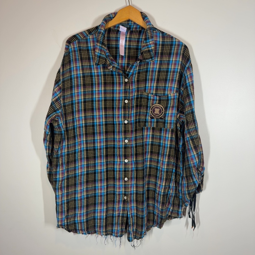 Savage X Fenty Plaid Flannel Shirt Womens Plus Size 1X Lace Up Sleeve Distressed